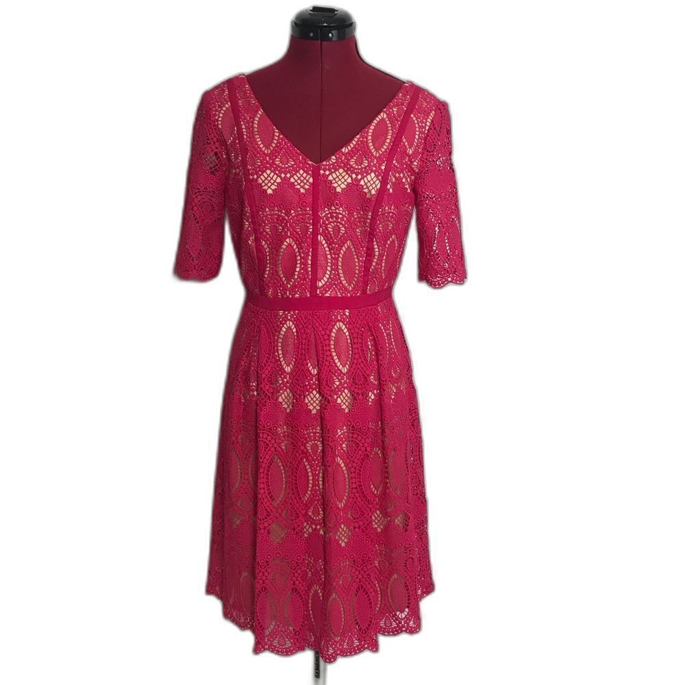 Antonio Melani Vibrant Pink Lace Midi Dress Women's Size 4 A-Line Short Sleeves